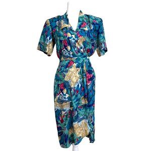 Vintage Carol Anderson Wrap Dress Tropical Palm Castle Travel 80s Size 7/8